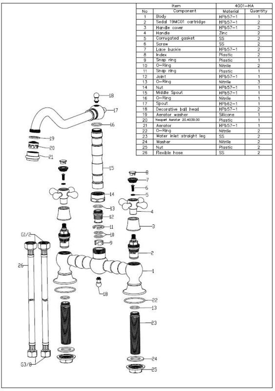 Aquanello Heritage Ascot Klassieke Keuken Nostalgische Brug Keukenkraan Brons met Kruishendels BN-0011-HM