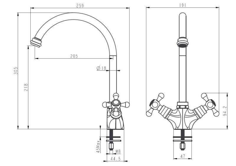 Aquanello Heritage Ascot Klassieke Keuken Nostalgische Keukenkraan Zwart met Ronde Uitlop BL-4003-HA