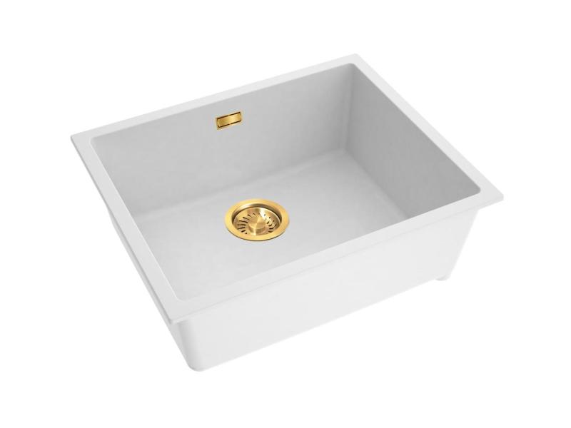 Pure.Sink Eternal Quartz Witte Spoelbak 50x40 cm Vlakinbouw en Onderbouw met Gouden plug